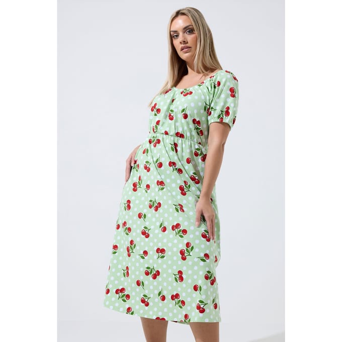 Limited Collection Groene Gingham Bardot Jurk Met Kersenprint Size 42