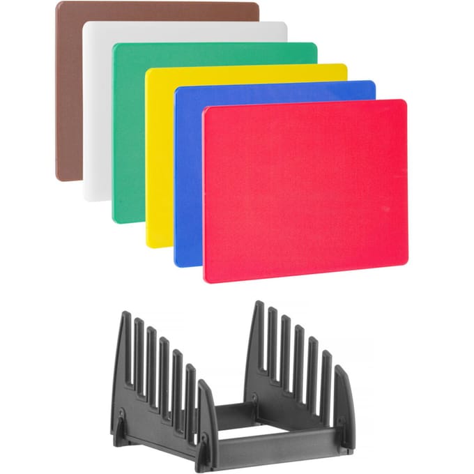 HENDI Set van 6 LDPE-snijplanken met rek � kleurgecodeerd � 450x300x10 mm