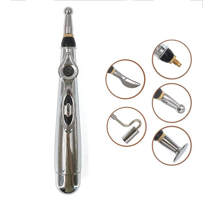 Stylo de point d'acupuncture électronique à régulation d'impulsion microélectrique intelligent à neuf vitesses Stylo d'énergie méridien Stylo de massage échangeable multi-têtes Relax boxed gray