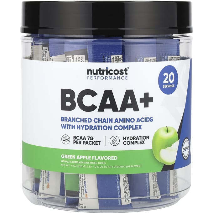 Nutricost, Performance Athlétique, BCAA+, Pomme Verte, 20 Sachets, 14 g (13 grammes) Chaque