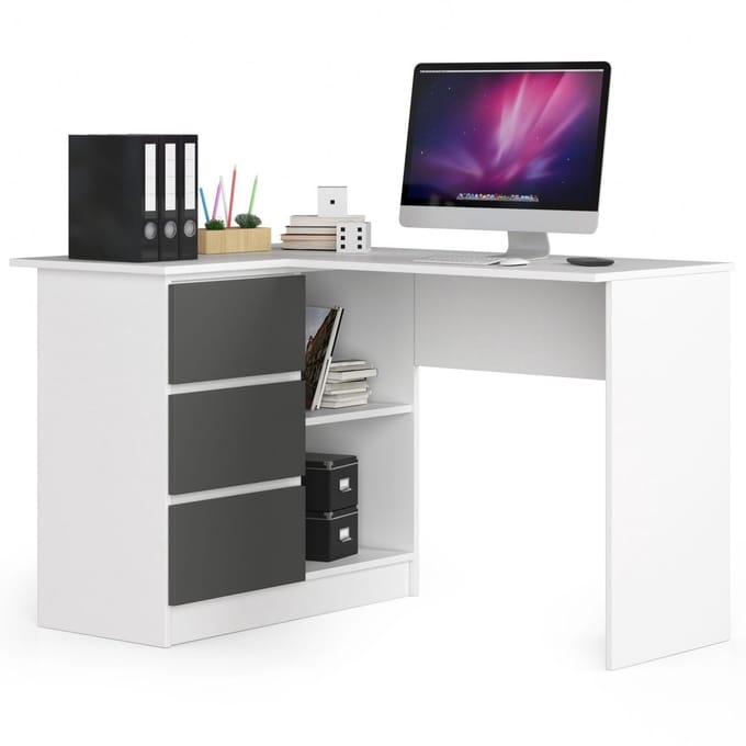 Hoekbureau Links B16 / Computerbureau / Computer Tafel / Bureautafel Rechts / Wit - Grafietgrijs / 124 x 77 x 85 cm