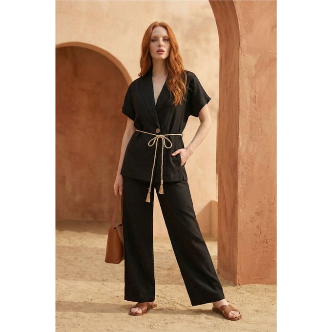 V-hals Ge knopte Blouse & Hoge Taille Broek Twee-Delige Set