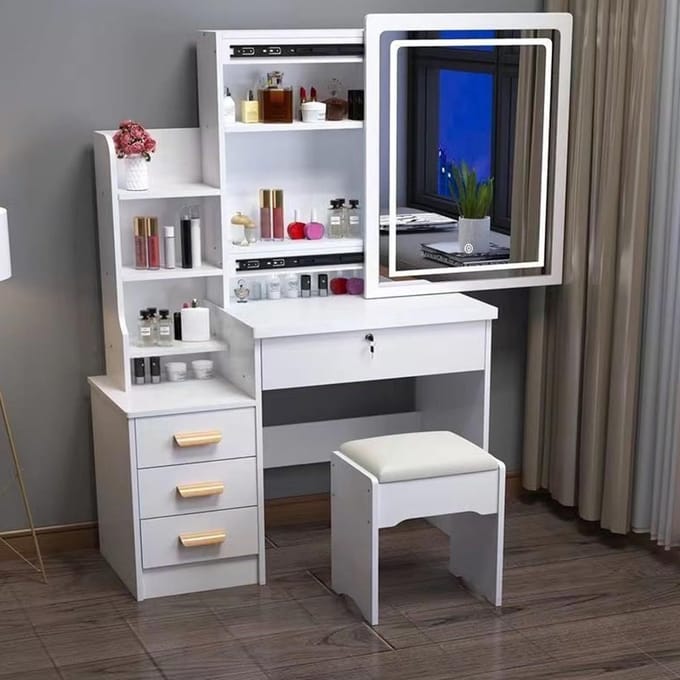 Kaptafel Set - Make-up Tafel - Snel Klaarmaken - Verstelbare LED Spiegel - 80x40x135 cm