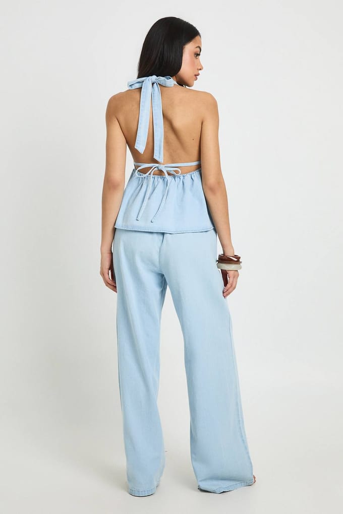boohoo Dames Chambray Wijde Slouchy Broek | Licht Gebleekt | Maat: 36