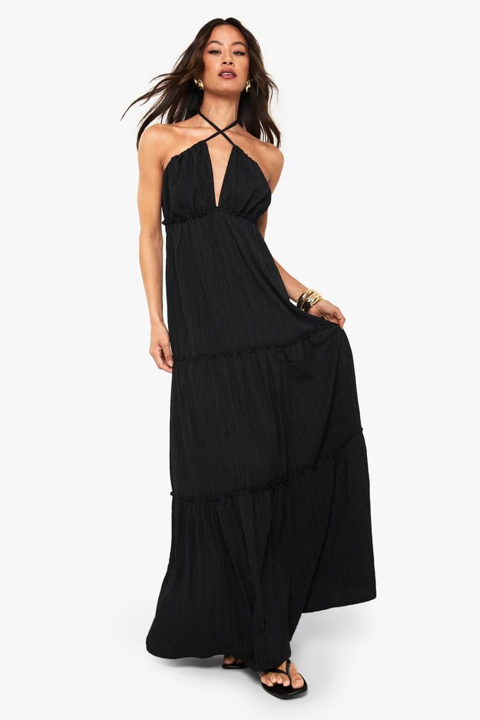 boohoo Dames Lange getextureerde gerimpelde bandjes gelaagde maxi-jurk | Zwart | Maat: 34