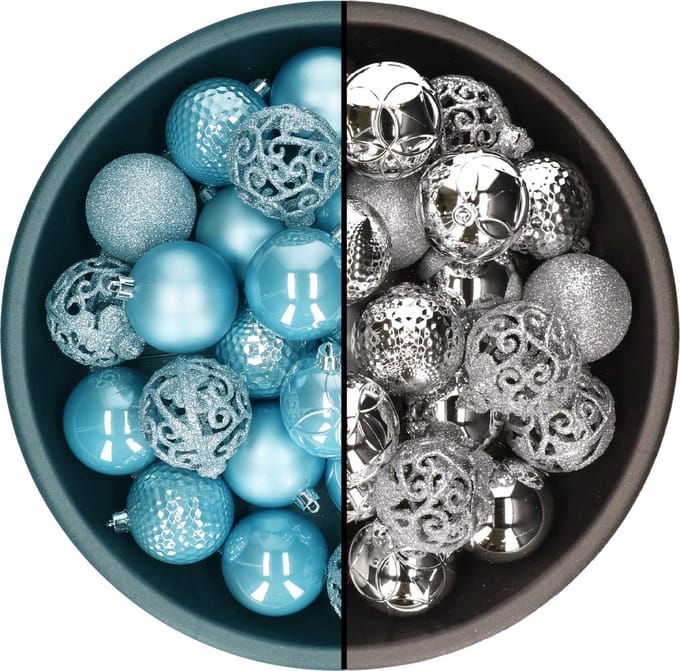 Decoris kerstballen - 74x st - zilver en ijsblauw - 6 cm - kunststof
