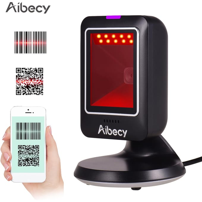 Aibecy 1D 2D QR Barcodescanner USB Lezer Bureau Hand-Free Voor Supermarkt zwart