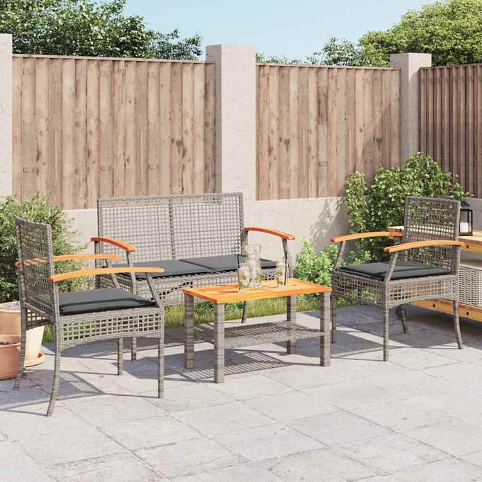 vidaXL - 4-delige - Loungeset - met - kussens - poly - rattan - grijs