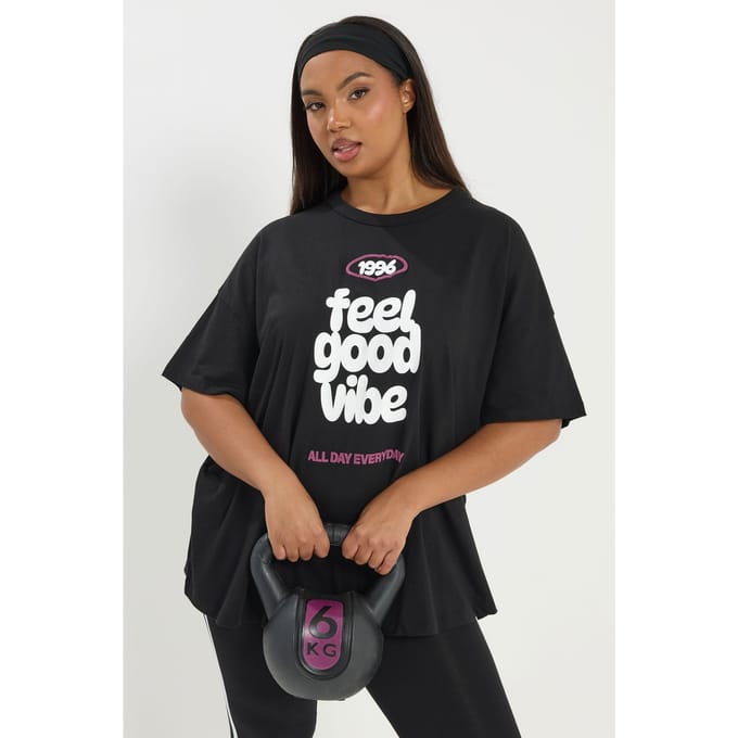Yours Active Zwart Feel Good Vibe Tshirt Size 44