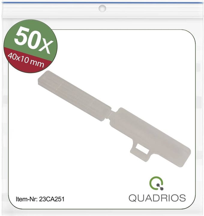 Quadrios 23CA251 23CA251 Kabelmarkeringdrager Montagemethode: Kabelbinder Markeringsvlak: 9.5 x 41 mm Transparant Aantal markeringen: 50 50 stuk(s)