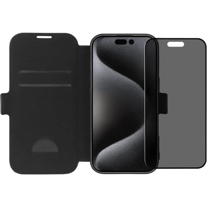 BlueBuilt Apple iPhone 16 Pro Book Case Leer Zwart + Privacy Filter Screenprotector Glas