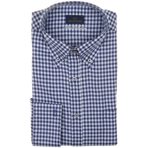 Paul & Shark Overhemd Silver Cotton Satin Check Shirt Blauw / male
