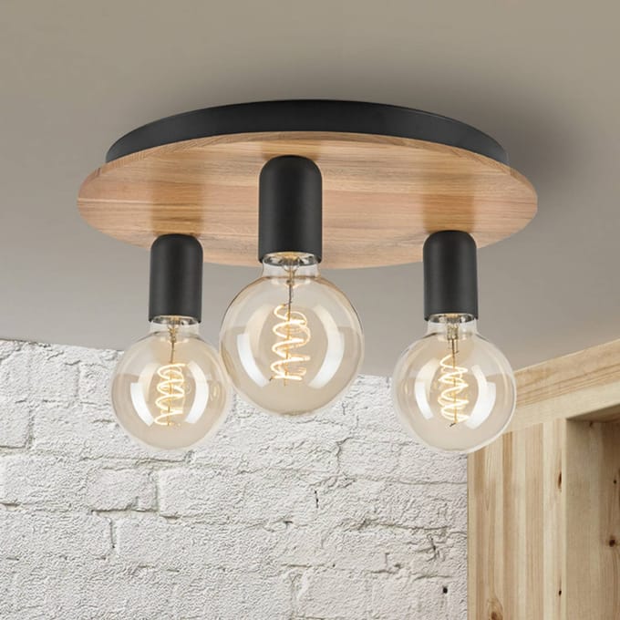 Lamkur Dusty plafondlamp, beukenhout, zwart, Ø 33 cm, 3-lamps