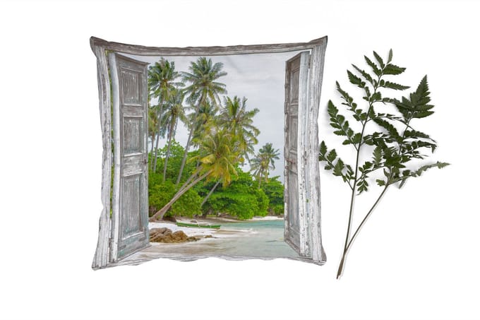 Sierkussens - Kussentjes Woonkamer - 60x60 cm - Tropisch - Palmboom - Doorkijk - Zee
