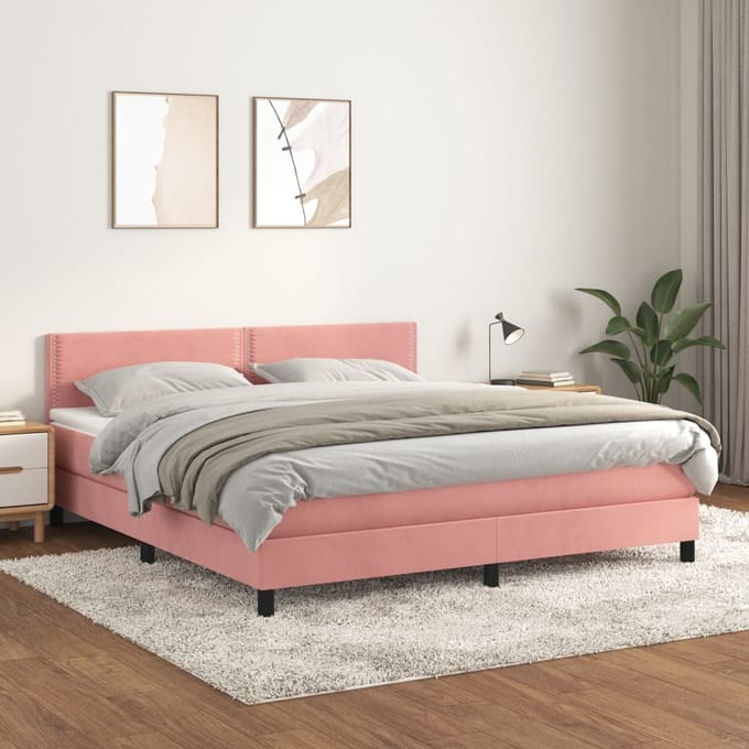 vidaXL - Boxspring - met - matras - fluweel - roze - 160x200 - cm