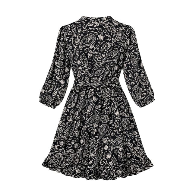 Smashed Lemon Zwarte jurk met beige paisley print en ruffle zoom |