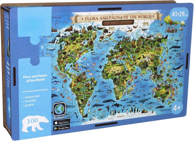 Houten Wereldkaart Puzzel 100 Stuks A3 met Flora & Fauna Interactieve AR Leerervaring