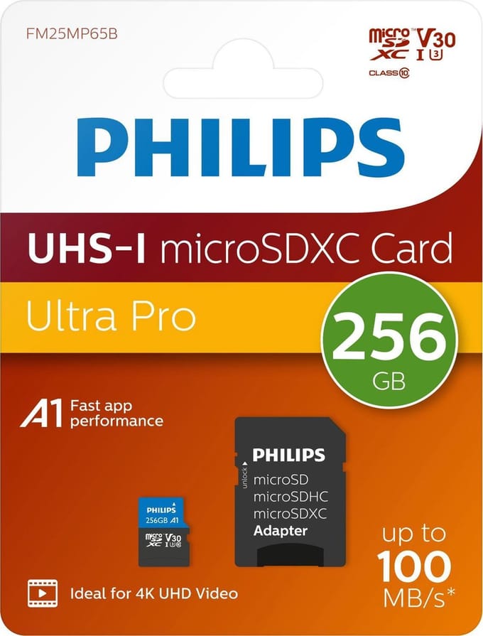 Philips micro SDXC kaart 256 GB - Class 10 UHS-I U3 - 4K V30 - incl. adapter