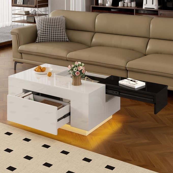 STILVORA Salontafels - Koffietafel Modern Met Verstelbare Tafel En LED - 80x50x35,5 cm - MDF - Wit
