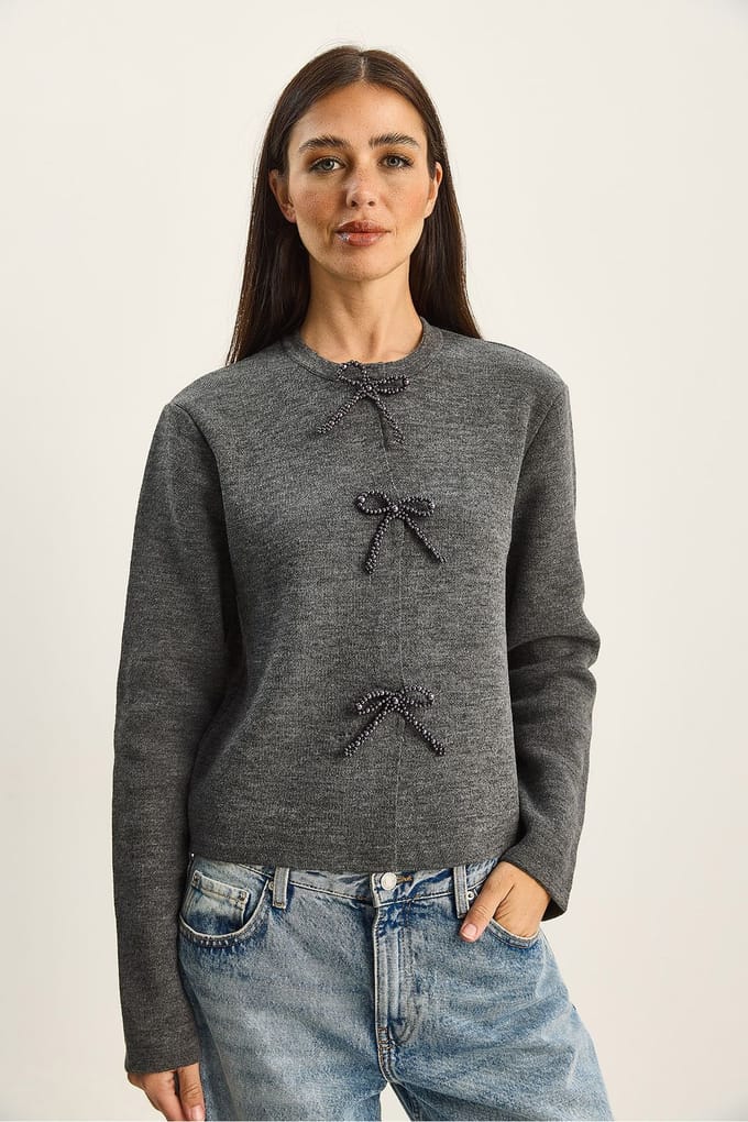 Ronde Hals Gebreide Cardigan met Strikdetail