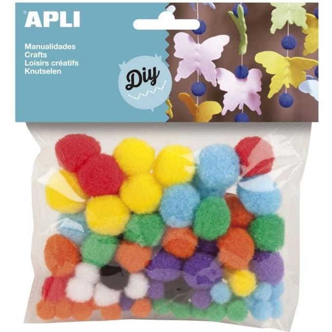 Sachet de 78 pompons APLI - Couleurs assorties - Idéal pour toutes sortes de créations blanc