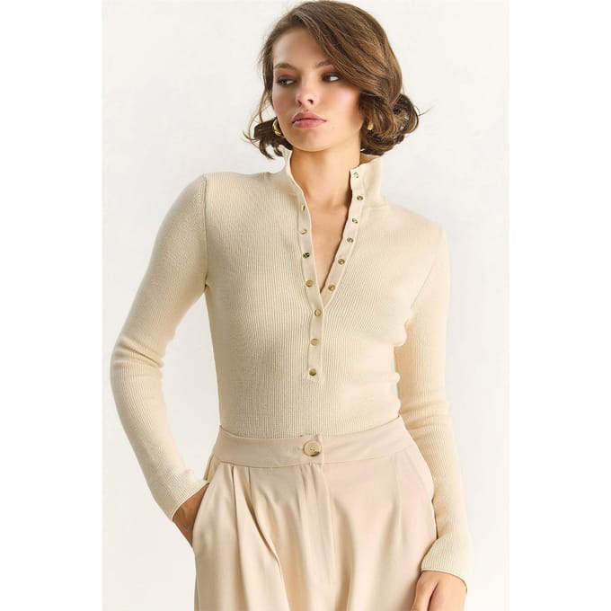 Getailleerde Langemouwen Gebreide Blouse met Drukknoopsluiting