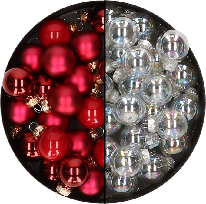 Mini kerstballen - 48x st - transparant parelmoer en rood - 2,5 cm - glas