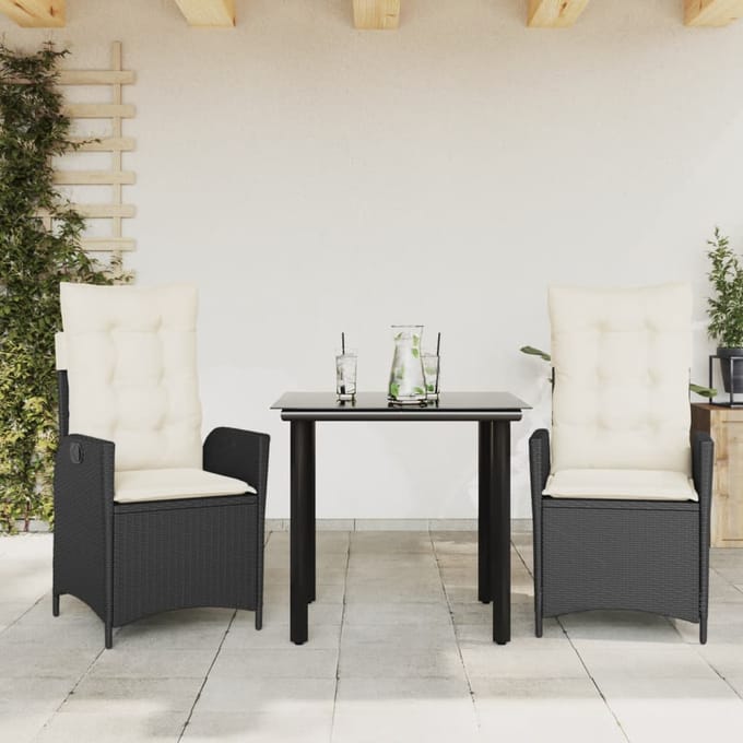 vidaXL - 3-delige - Tuinset - met - kussens - poly - rattan - zwart