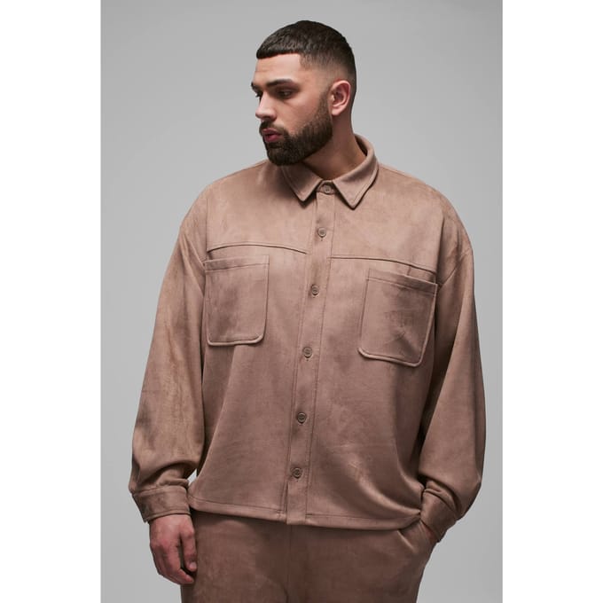 Plus Faux Suede Oversized Shirt | Taupe | Size 2XL