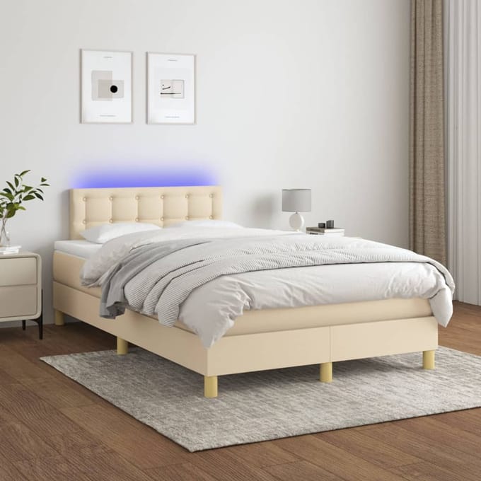vidaXL - Boxspring - met - matras - en - LED - stof - crèmekleurig - 120x200 - cm