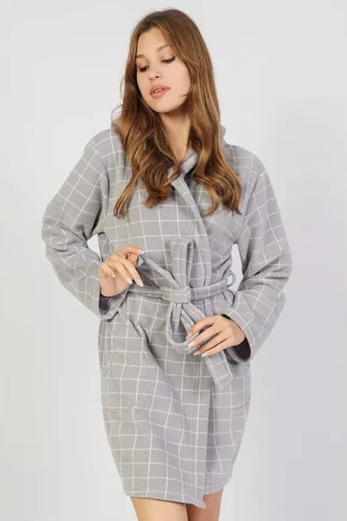 Dames badjas grijs geruit Vienetta L/XL