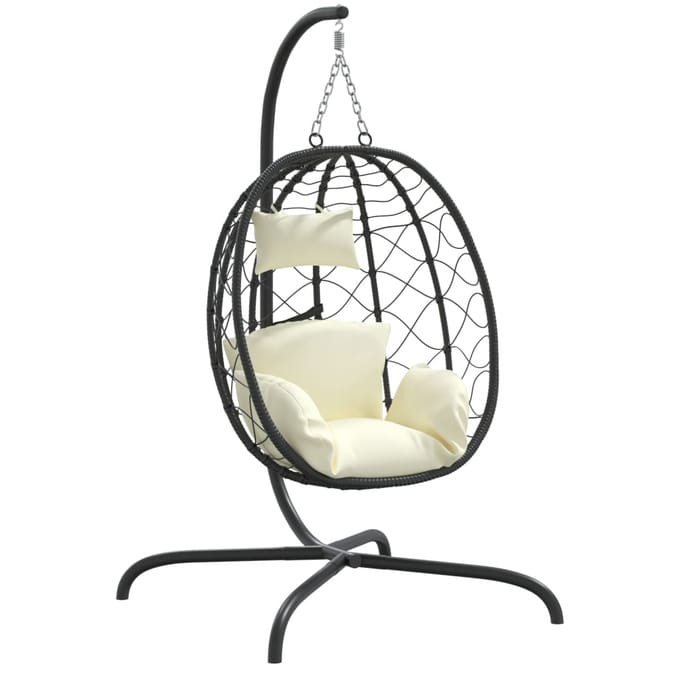 vidaXL - Hangende - Ei-stoel - met - Kussen - Crèmewit - Poly - Rattan - & - Staal
