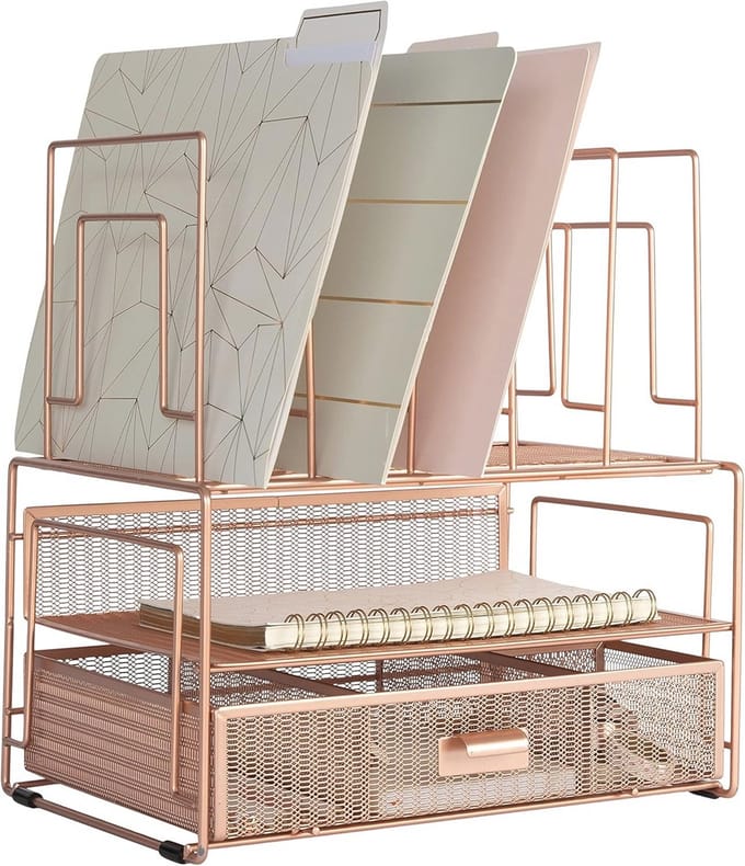 Rose Gold Bureauorganisatie: Alles-in-één Desktop Rack File Organizer met Lade
