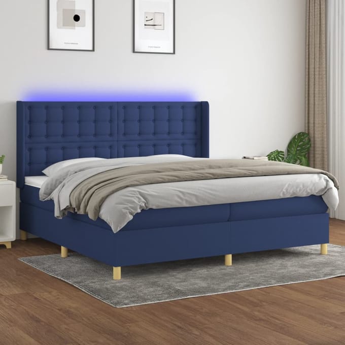 vidaXL - Boxspring - met - matras - en - LED - stof - blauw - 200x200 - cm