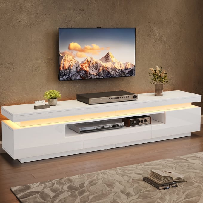 TV-meubel 160x35x60 cm - Hoogglans met LED en Glasplank - MDF - Wit