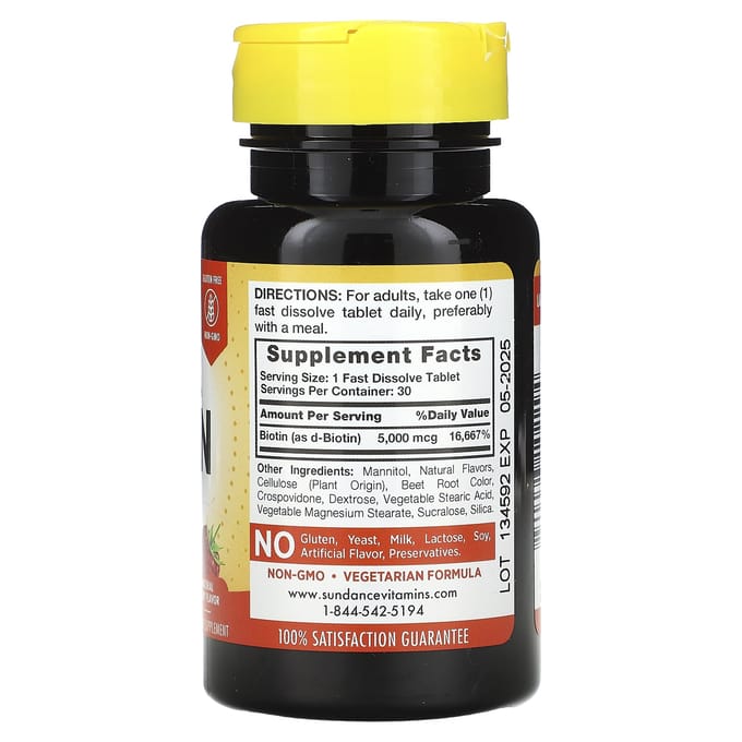 Sundance Vitamins, Ultra Biotine à dissolution rapide, baies naturelles, 5 000 mcg, 30 comprimés à dissolution rapide