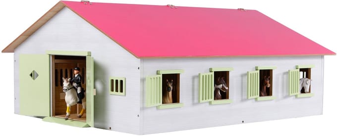 Houten paardenstal 1:24 met 7 boxen roze Voertuigen