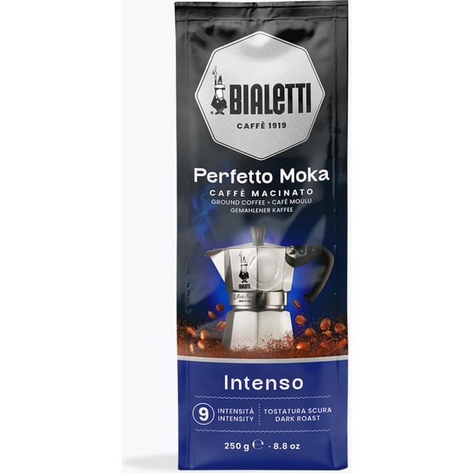 Bialetti Moka Intenso Espresso | 250 g | India | Krachtige gemalen koffie met 70% Robusta, intense cacao-aroma's voor de perfecte mokka-ervaring.