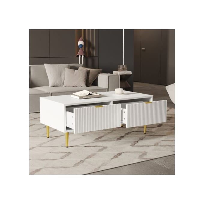 Salontafel - MUVOE - Modern - 100x50x40 cm - 2 lades - Wit met gouden decoraties wit