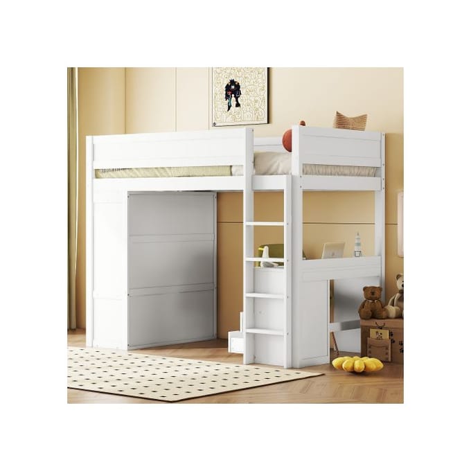 Verhoogd bed - MUVOE - 90x200cm - Wit - Met kast en bureau - 2 opberglades wit