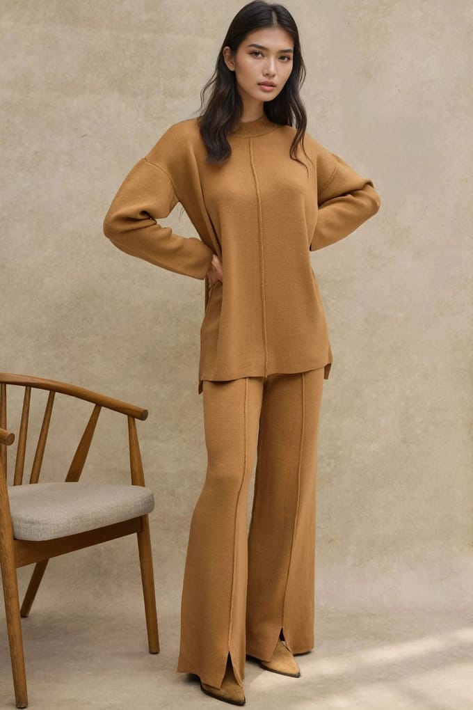 Lang Sweater & Hoge Taille Wijde Pijpen Gebreid Co-Ord Set