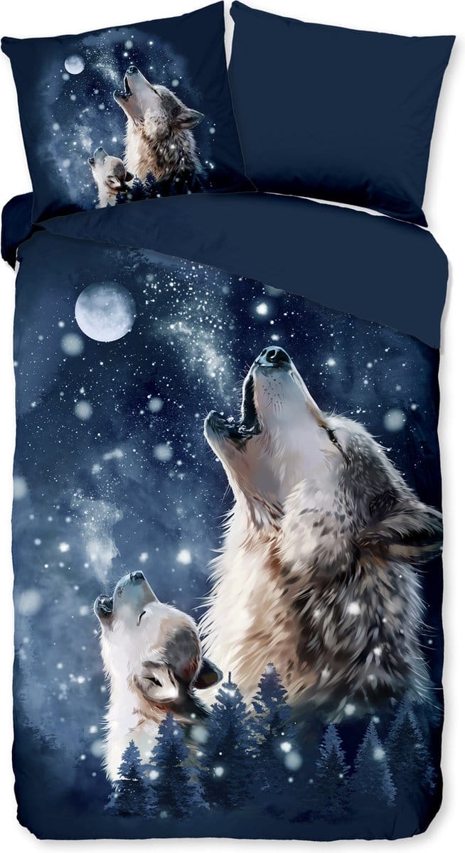 Pure dekbedovertrek wolf bij maanlicht - 1 persoons 140x200/220 cm - Blauw - Microvezel
