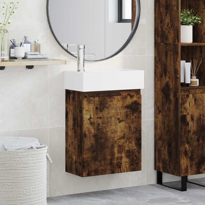 vidaXL - Badkamermeubel - met - kraan - Gerookt - eiken - 45,5 - x - 22,5 - x - 84 - cm