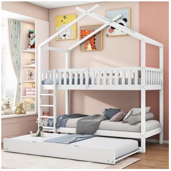 Lit superposé - MUVOE - trois lits - 90x200 cm - transformable en 3 lits - pin massif blanc