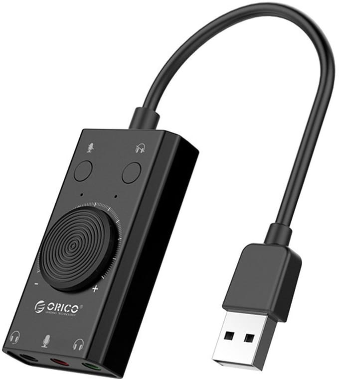 Orico USB-A - 3x 3,5mm Jack OMTP headset audio adapter met volumeregelaar / zwart - 0,10 meter