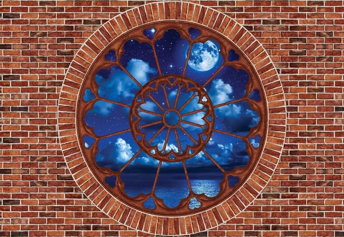 Fotobehang Brick Wall Clouds Sea Moon | XL - 208cm x 146cm | 130g/m2 Vlies