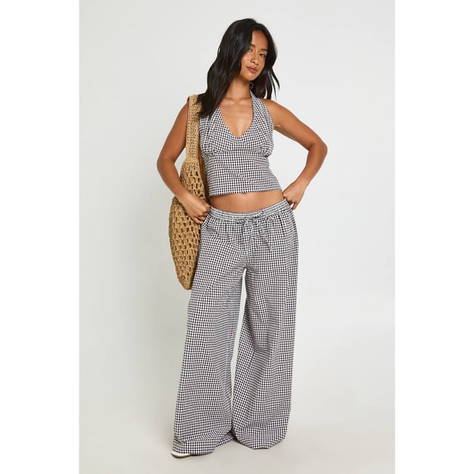 boohoo Dames Petite Geruite Haltertop & Wijde Broek Coordinatenset | Ecru | Maat: 40