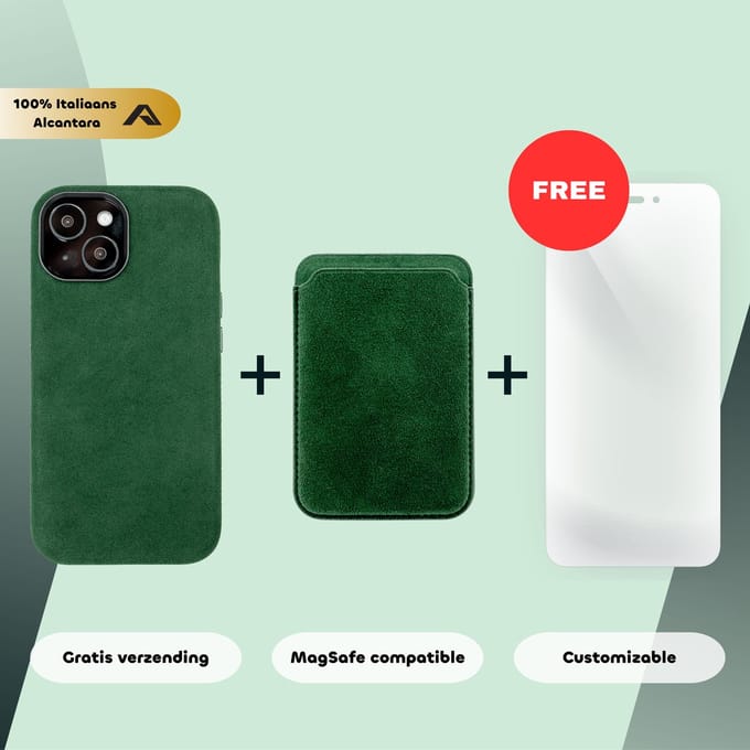 iPhone 15 – Alcantara Case + MagSafe Wallet + Gratis Screenprotector | Emerald Green