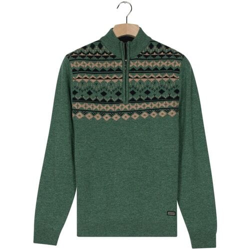 Baileys Trui Front Top Nordic Knit Jacquard Pattern Half Zip Dark Forest / male