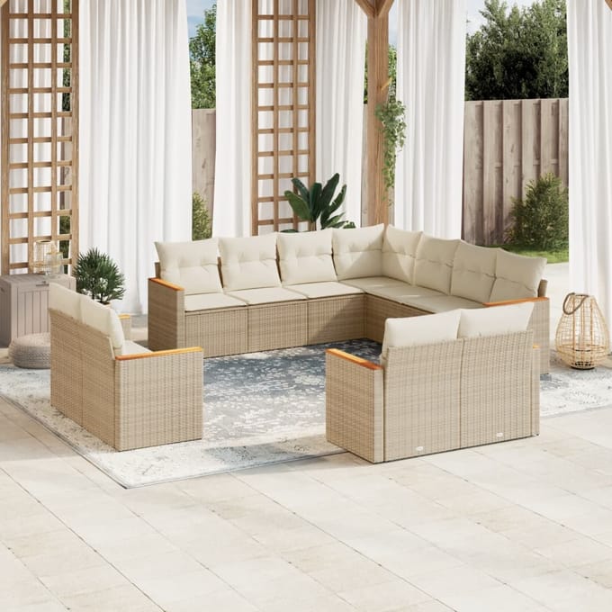 vidaXL - 11-delige - Tuinset - met - kussens - poly - rattan - beige